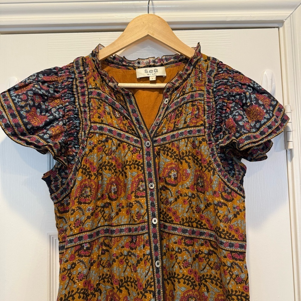 Sea New York Rosita Tunic Dress Women’s S Brown Floral Ruffle Feminine Cotton - Picture 4 of 10